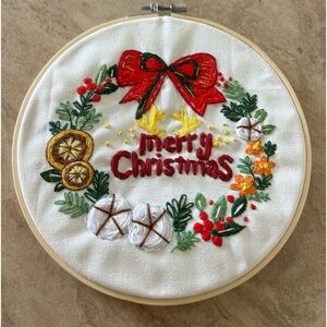 8” Circular Merry Christmas Handstitched Embroidery Holiday Wall Hanging